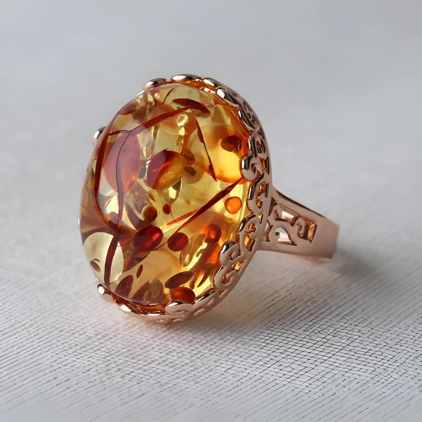 Beeswax amber ring for men and women with New Amber Type A stone in retro ethnic style on alloy band.
