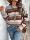 Women's colour-block striped polyester pullover sweater in casual style with long sleeves