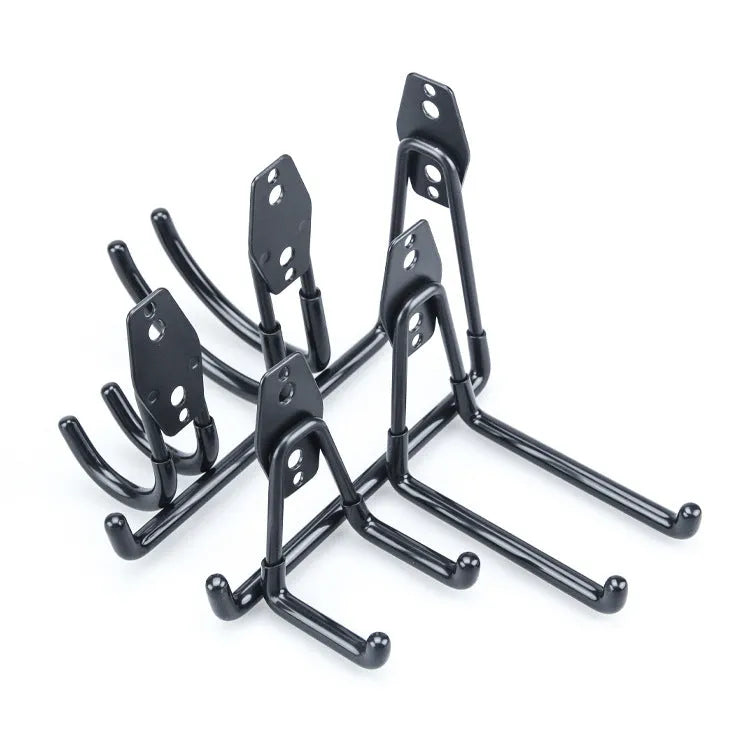 Bright orange carbon steel storage hooks for wire wrap board organisation, shown with mounting screws.