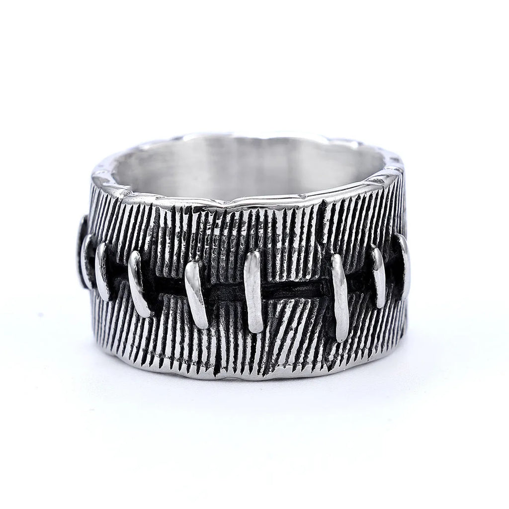 Geometric U-shaped titanium steel punk ring with double-ring construction in dark retro colour.