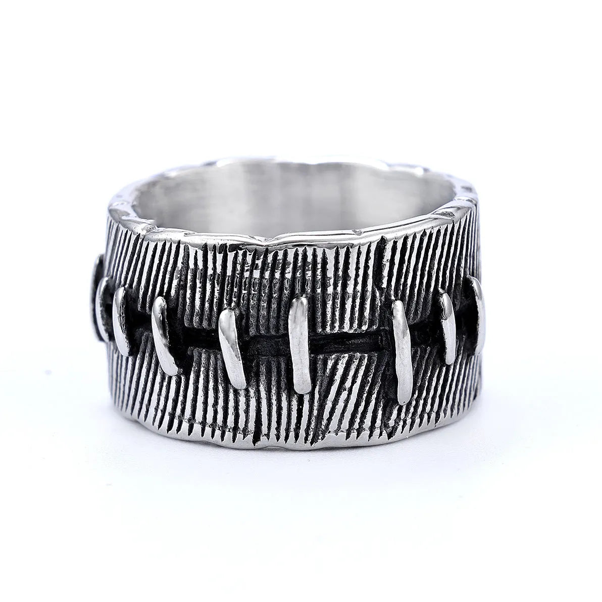 Geometric U-shaped titanium steel punk ring with double-ring construction in dark retro colour.