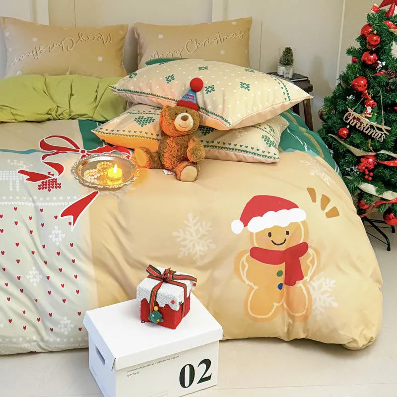 Super soft washed cotton Christmas bedding four-piece set with cartoon prints in multiple sizes