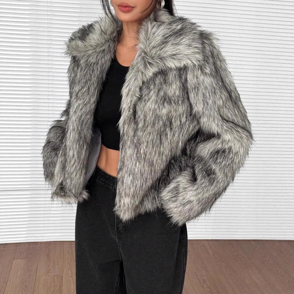 Artificial fox fur coat with fur collar in multiple colour options showing plush texture and winter styling