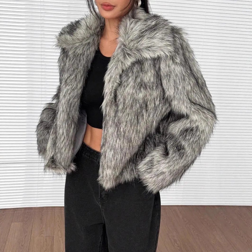 Artificial fox fur coat with fur collar in multiple colour options showing plush texture and winter styling