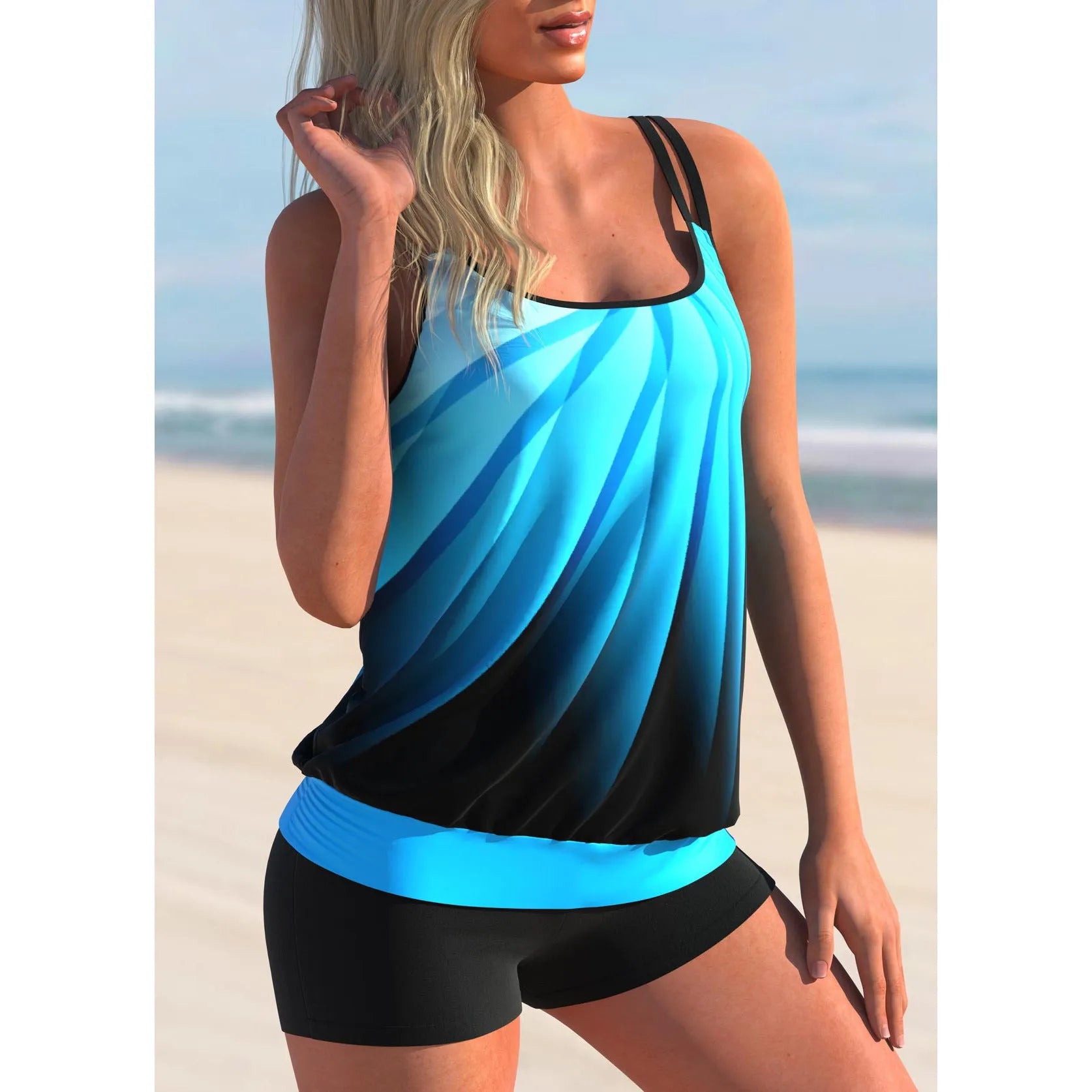 Plus size women's swimsuit set with shorts and printed butterfly pattern top