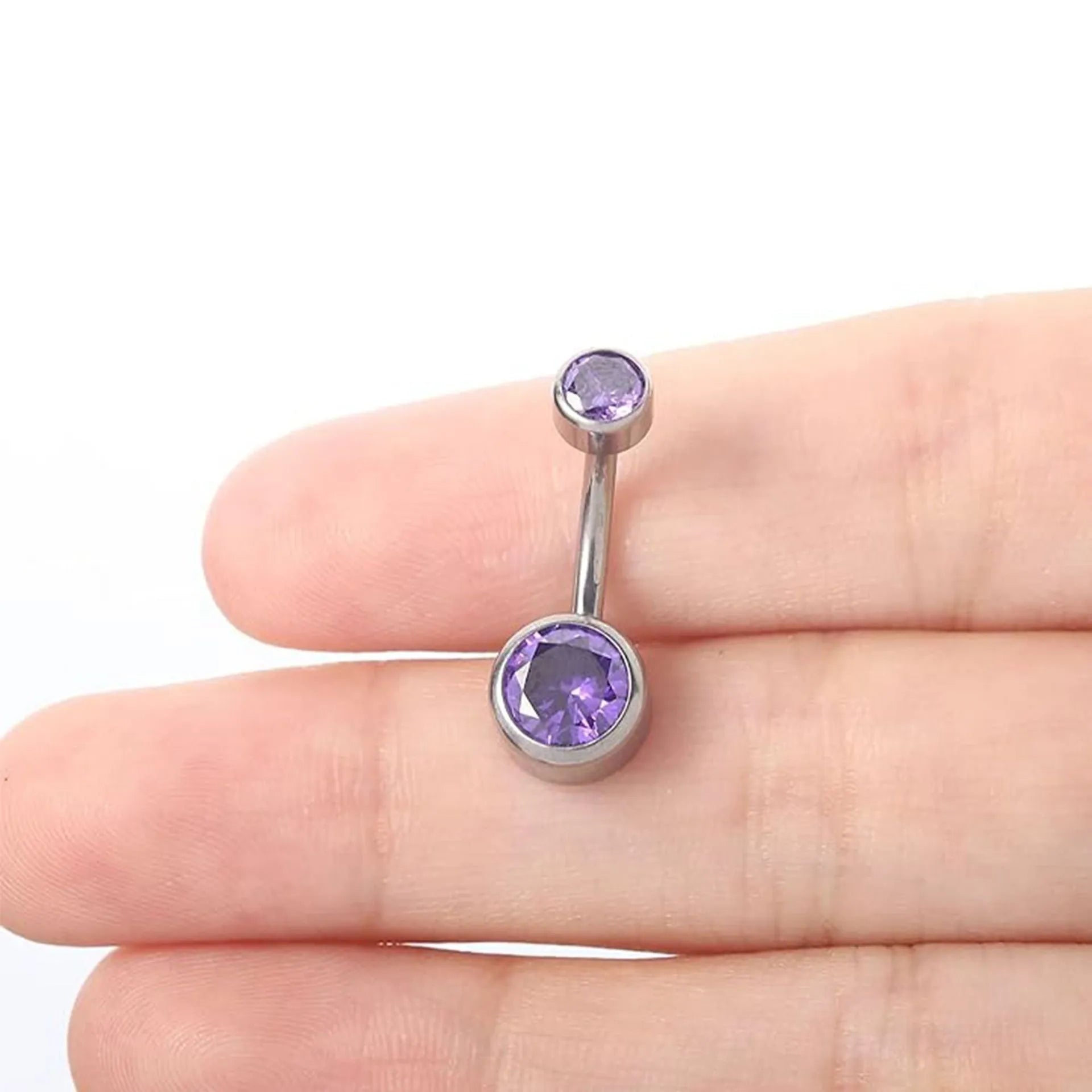 Titanium alloy navel piercing stud with double zircon decoration and internal thread closure in various colours