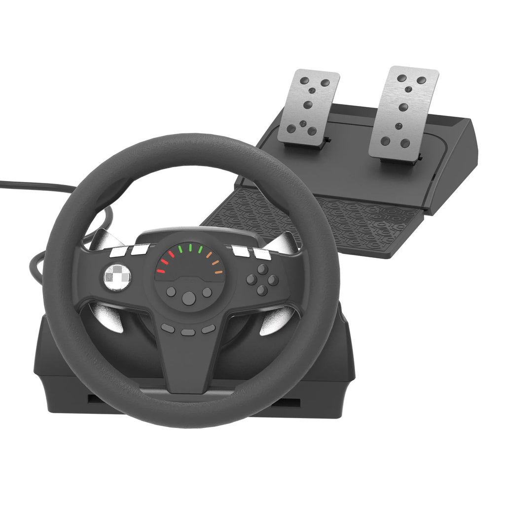 Black ABS and rubber multi-platform steering wheel and pedal set with LED display for PC and console racing games