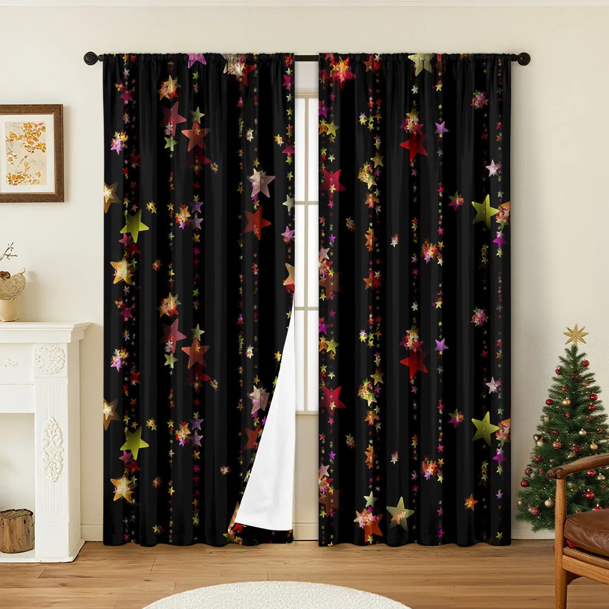 Pair of 3D digitally printed Christmas pattern polyester curtains hanging on a window.