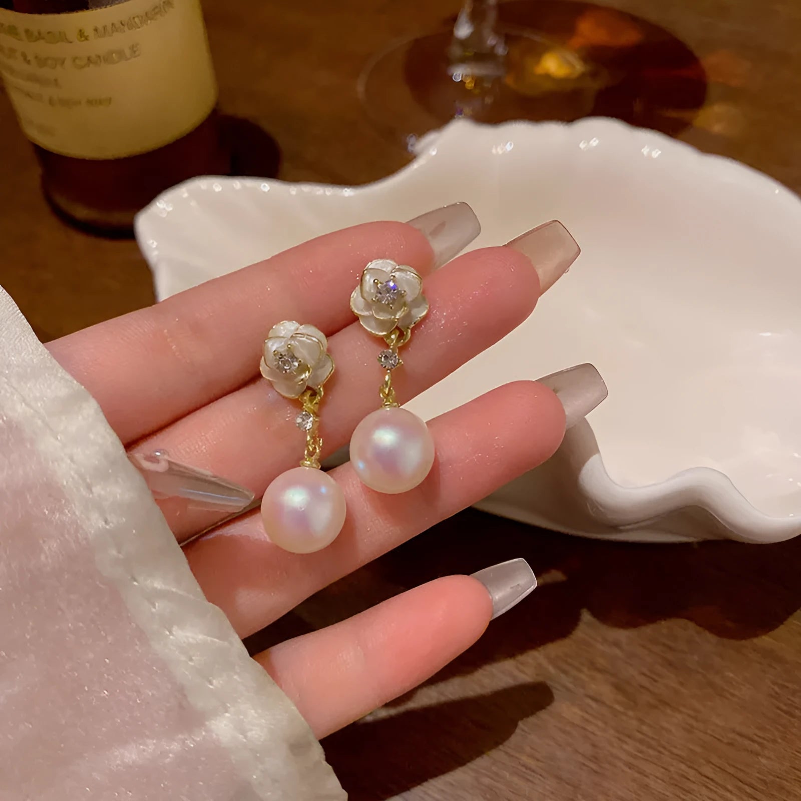Camellia flower stud earrings for women with alloy construction and floral design