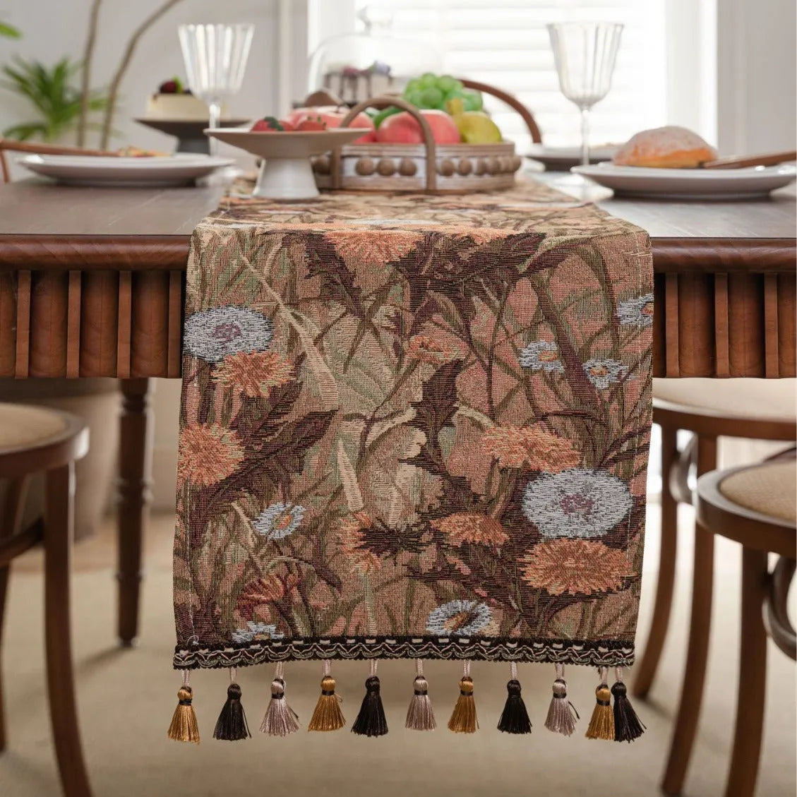 American-style jacquard table runner with long tassels, floral patterns, available in multiple colours and sizes