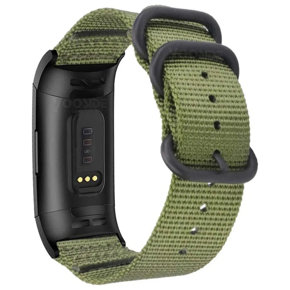 Fitbit Charge nylon replacement watch strap with a three-ring metal buckle shown in Army Green colour.