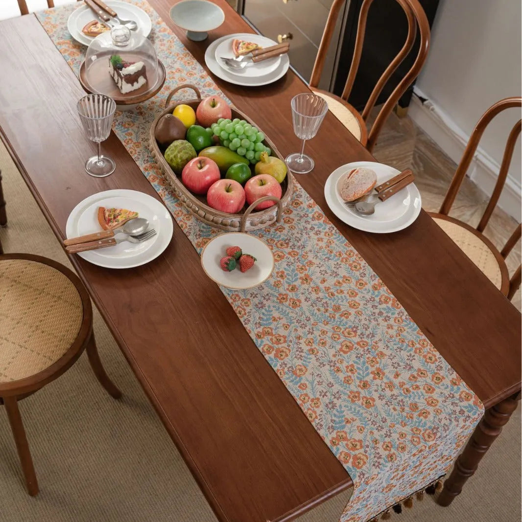 American-style jacquard table runner with long tassels, floral patterns, available in multiple colours and sizes