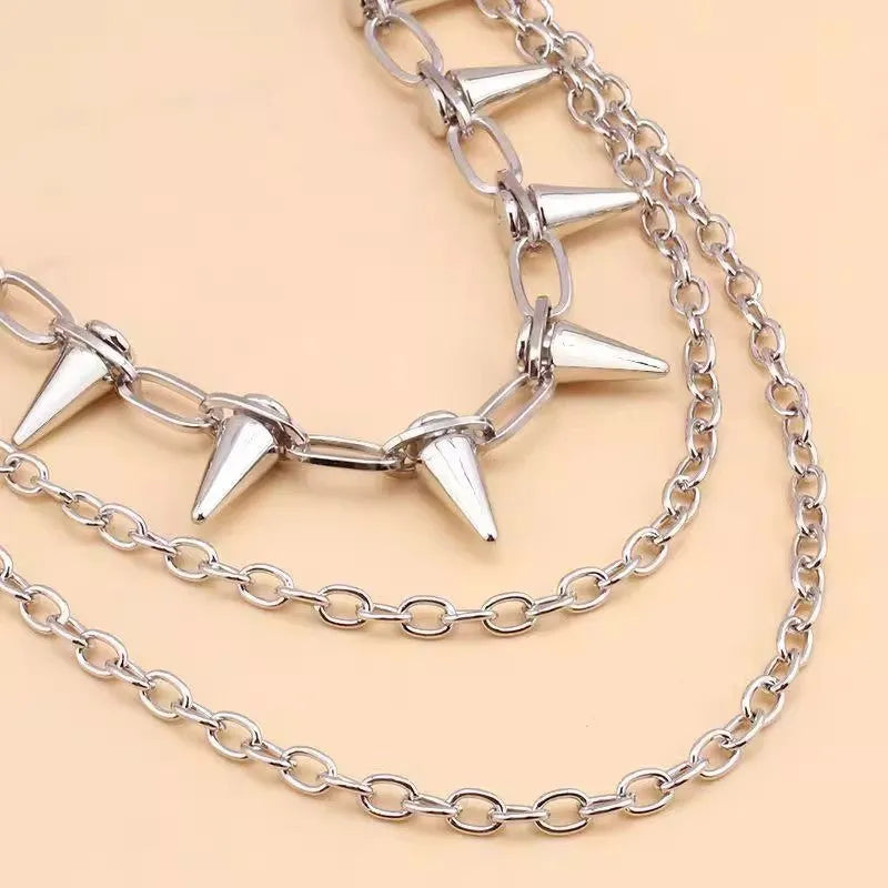 Silver double layer punk pants chain with rivets and zipper ornament, 115cm alloy hip hop accessory for women