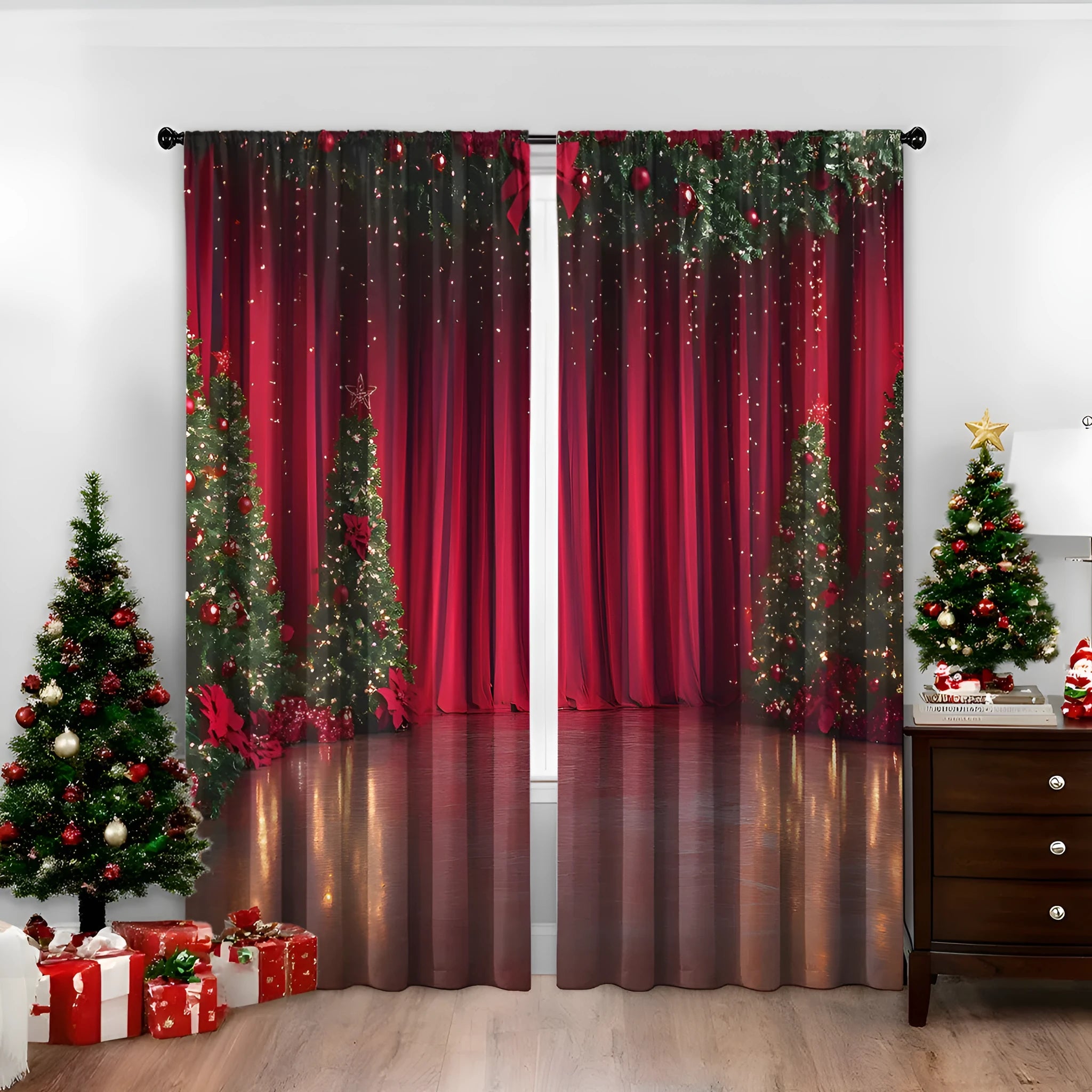 Pair of 3D digitally printed Christmas pattern polyester curtains hanging on a window.