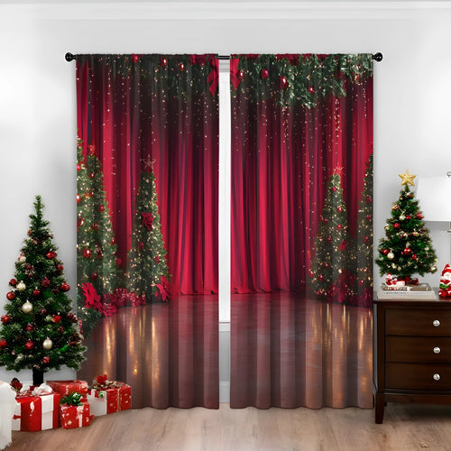 Pair of 3D digitally printed Christmas pattern polyester curtains hanging on a window.