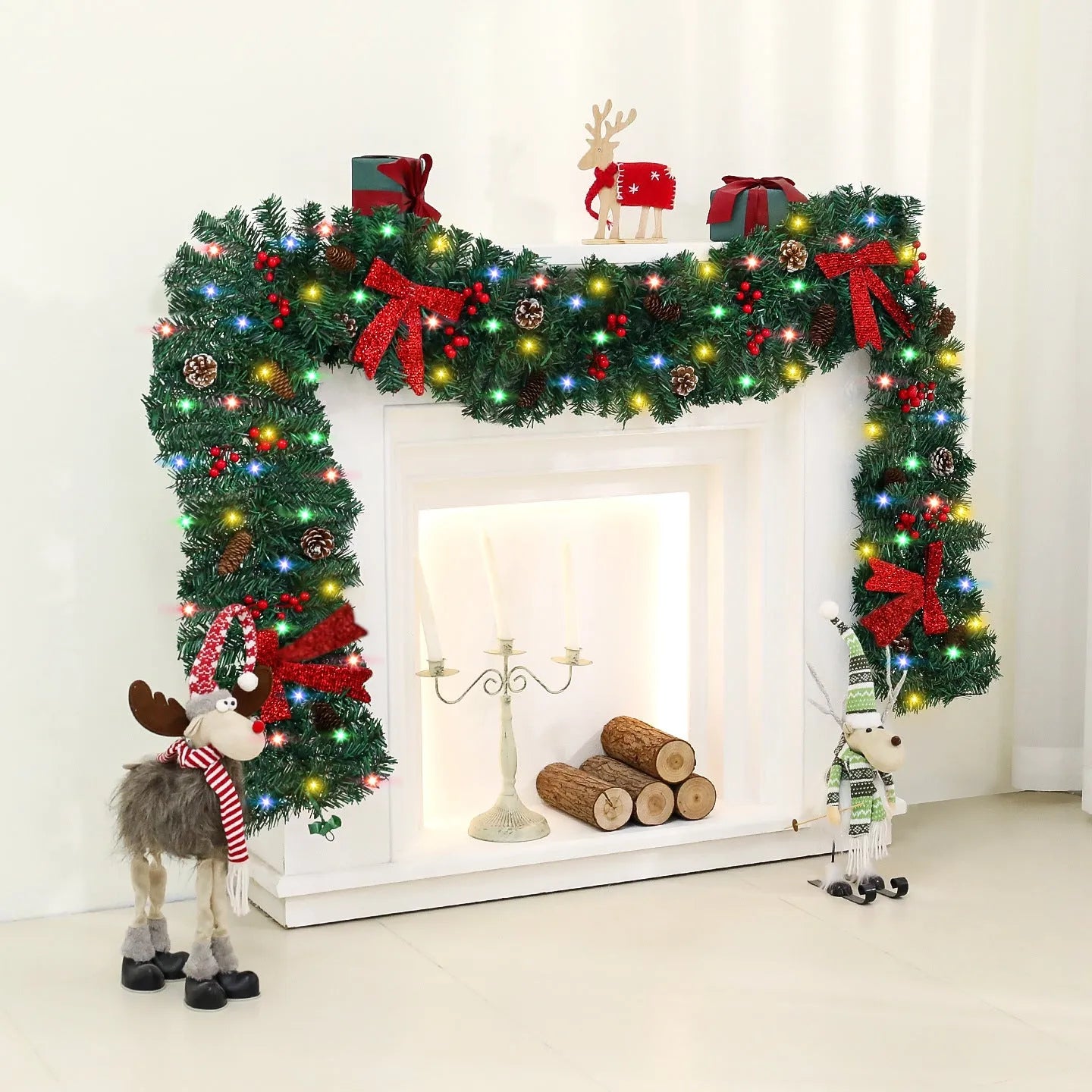Christmas rattan decorative cane with pine cone bow attachment in showcase display arrangement