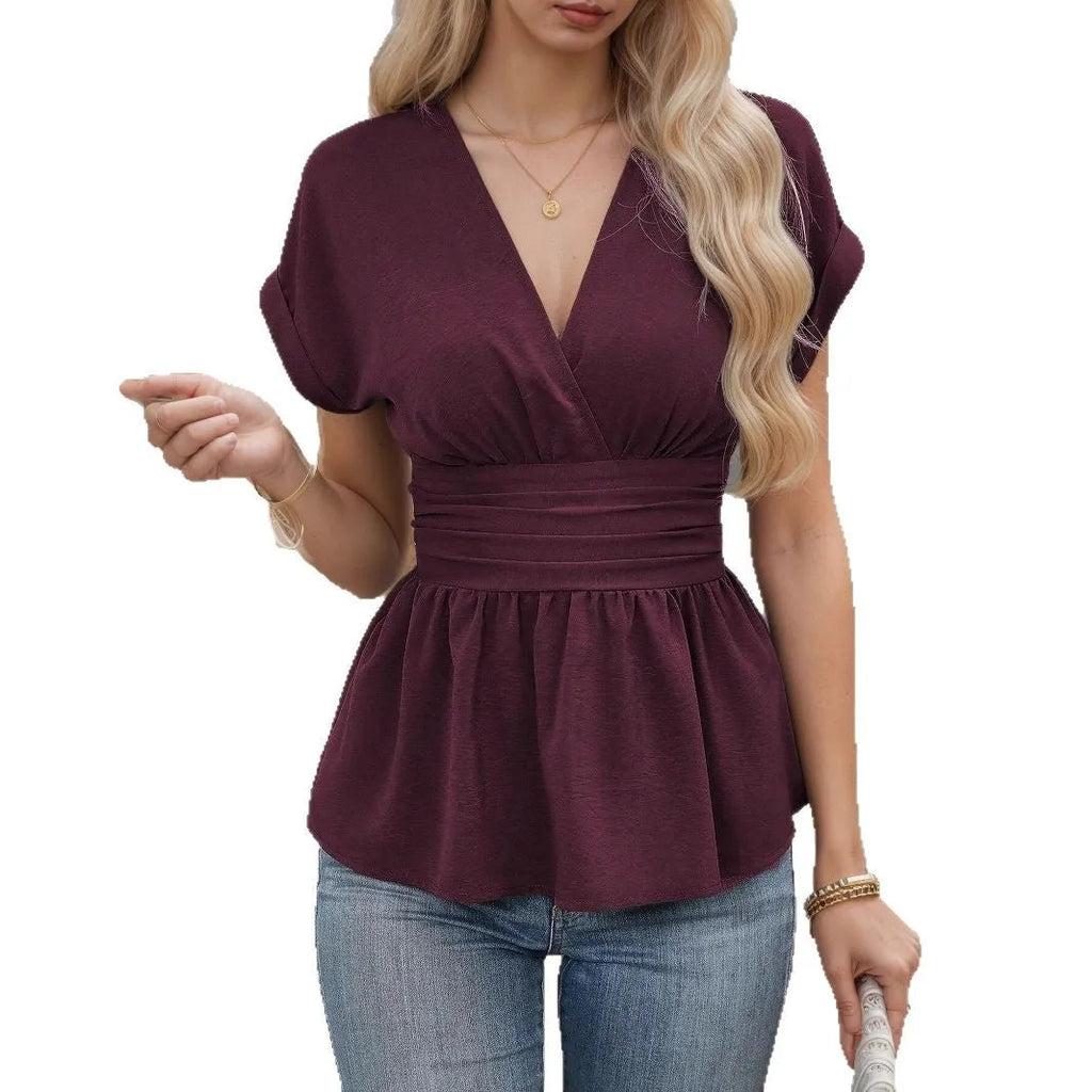 Women's polyester v-neck summer top with waist pleats in slim fit