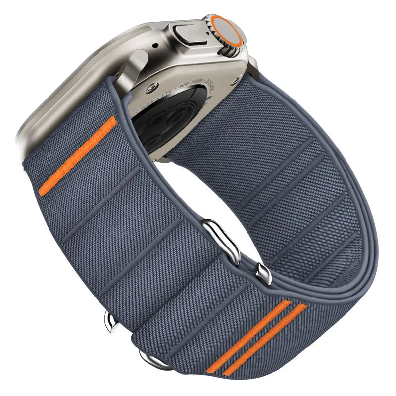 Elastic nylon watchband with stainless steel buckle for Apple Watch in multiple colour options.