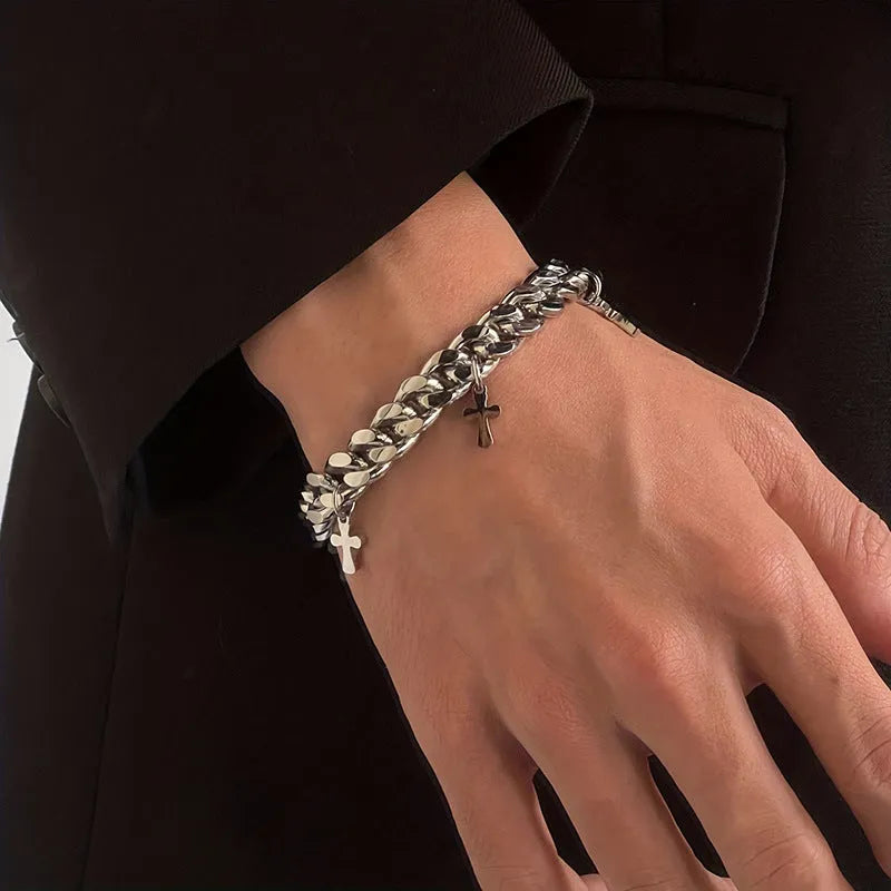 Men's titanium steel bracelet with geometric cross design in cold wind style