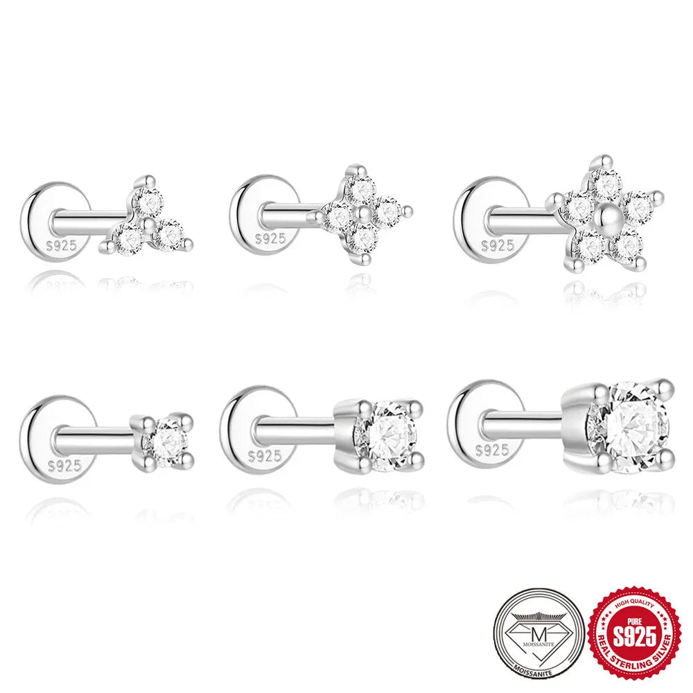 S925 sterling silver stud earrings showing petal, geometric, and round diamond designs on a grey background.
