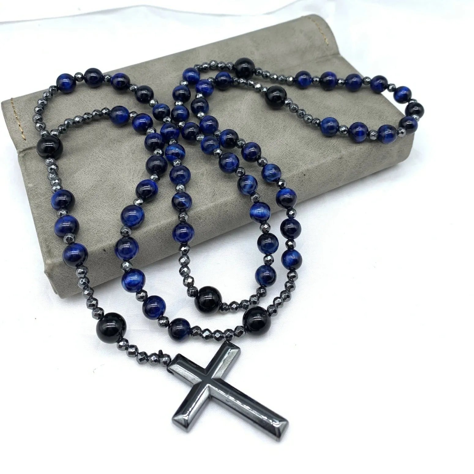 Stone geometric cross pendant on 80cm ball bead chain with safety lock clasp