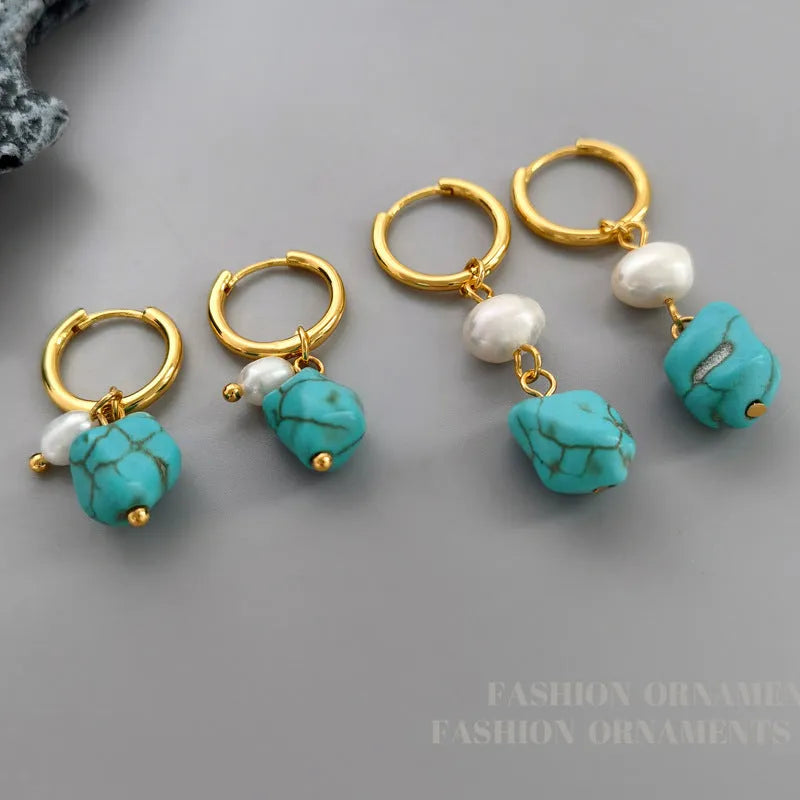 Geometric copper clip earrings with irregular turquoise stones and cultured pearls in European style