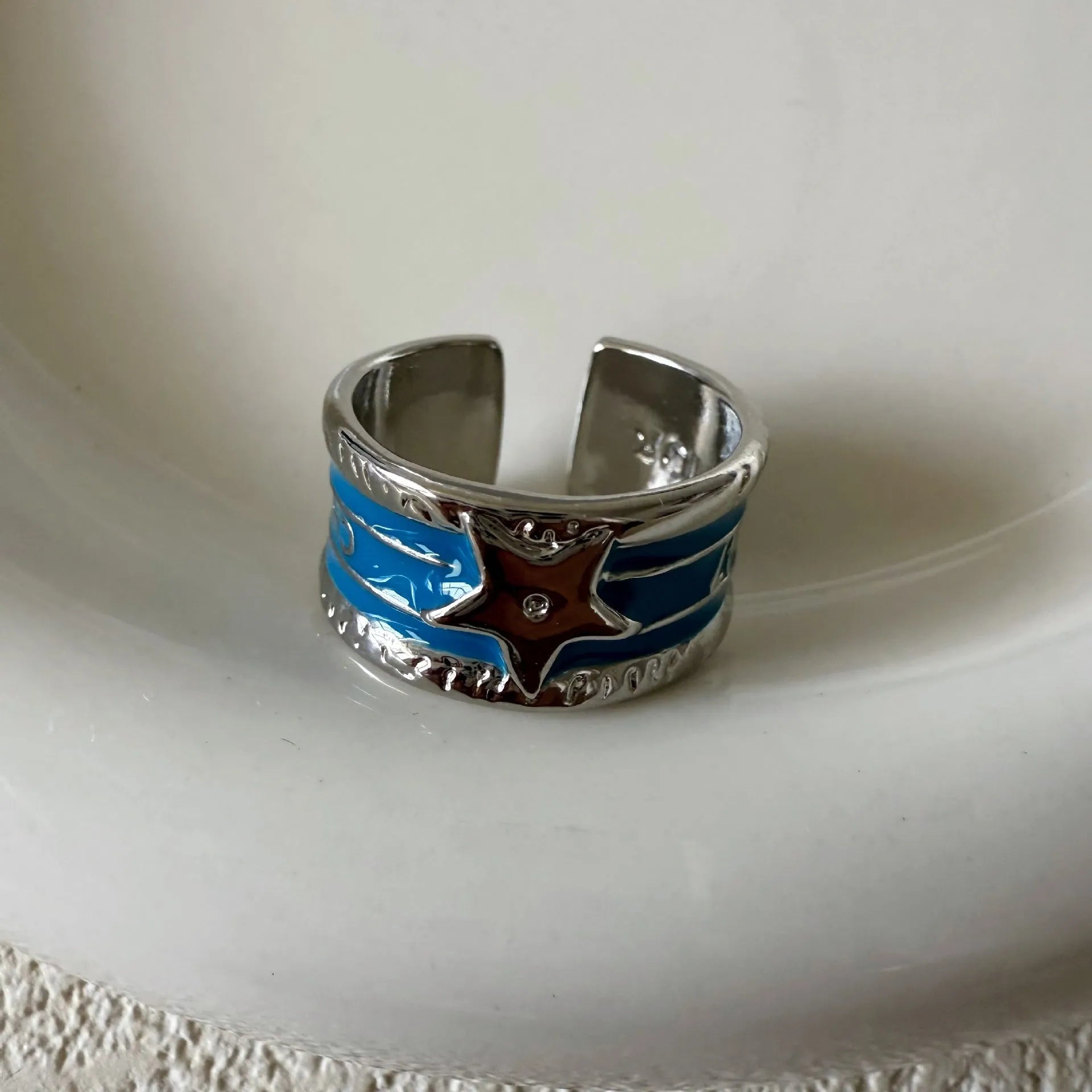 Adjustable copper geometry ring with distressed electroplated finish in four colour options