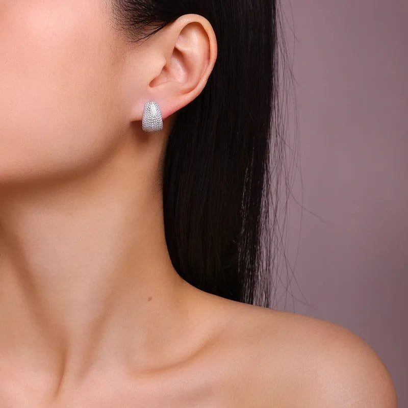 Geometric shaped S925 sterling silver ear studs with moissanite stones, shown with alloy backs.