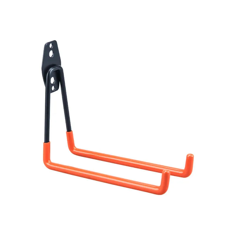 Bright orange carbon steel storage hooks for wire wrap board organisation, shown with mounting screws.