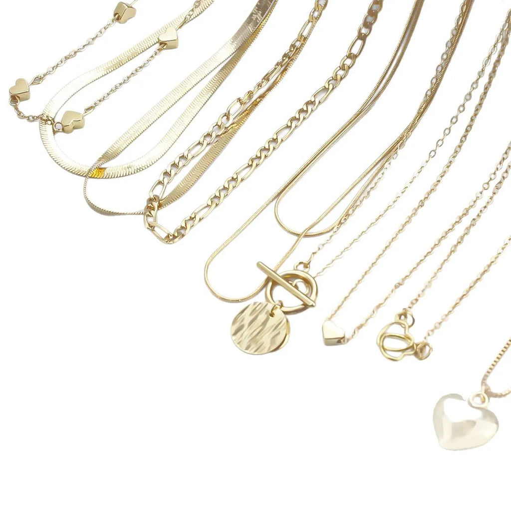 Set of 10 gold electroplated women's necklaces with snake bones chains and alloy pendants