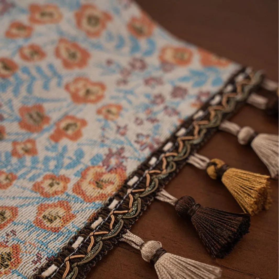 American-style jacquard table runner with long tassels, floral patterns, available in multiple colours and sizes