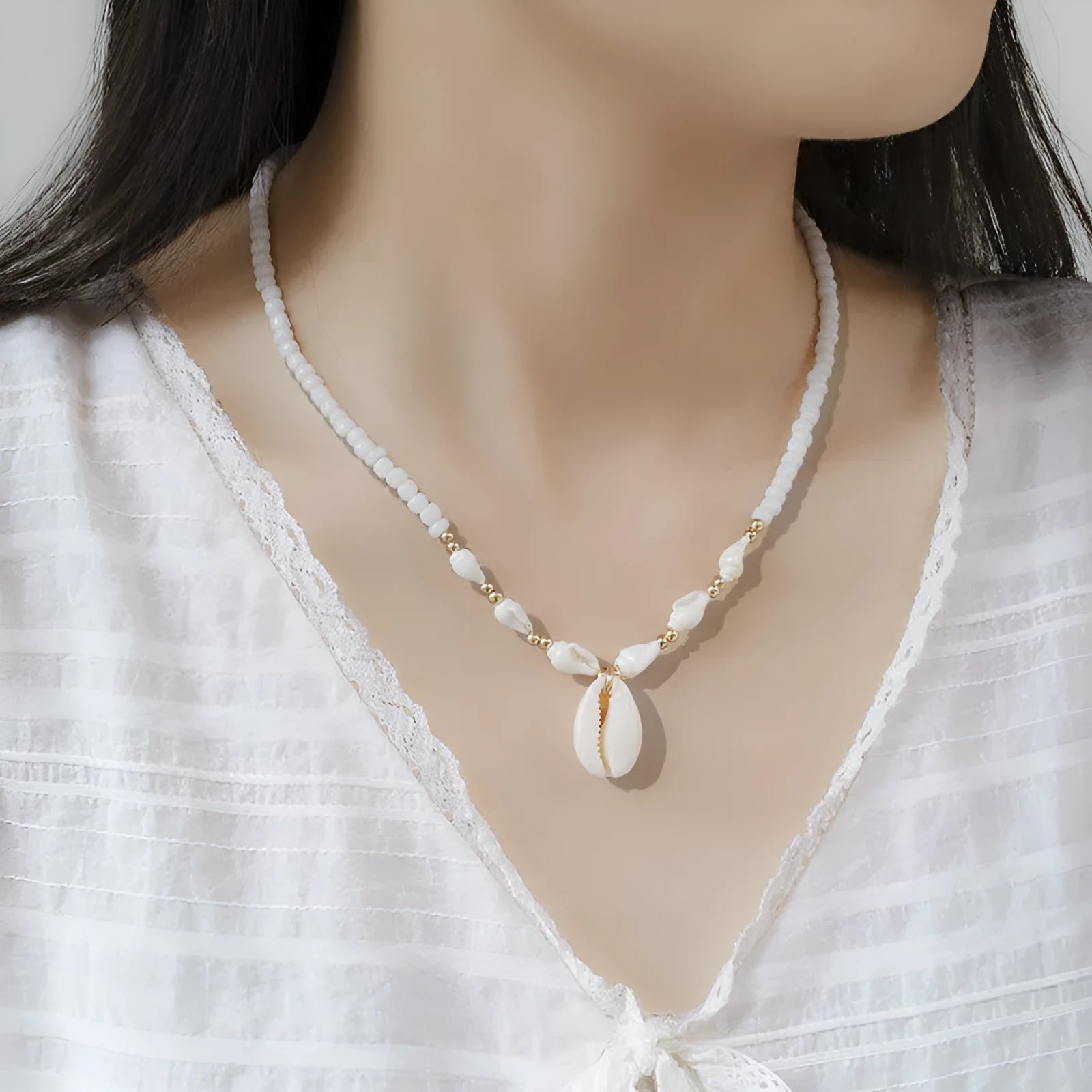 White conch bead necklace with genuine mother of pearl shell pendant on regular chain
