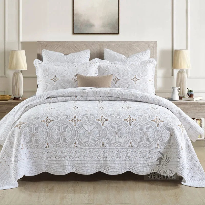 Pure cotton European-style embroidery bedspread set with two pillowcases for 1.8 metre bed