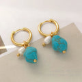Geometric copper clip earrings with irregular turquoise stones and cultured pearls in European style