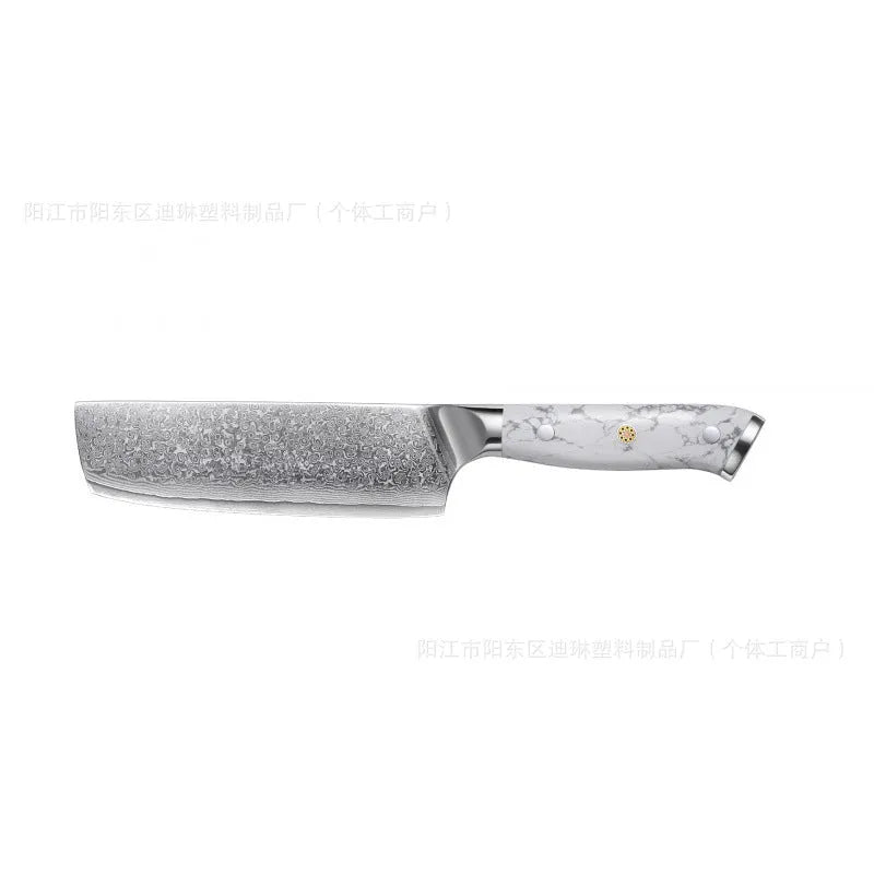 Damascus pattern chef's knife with a 21cm VG10 steel blade on a dark background.