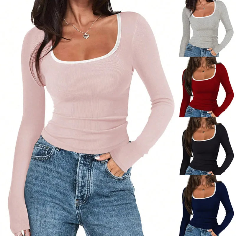 Women's cotton square collar pullover top in slim fit with long sleeves