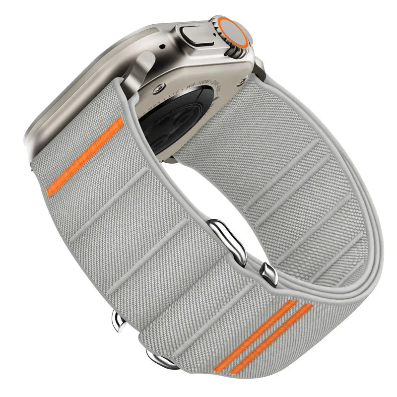 Elastic nylon watchband with stainless steel buckle for Apple Watch in multiple colour options.