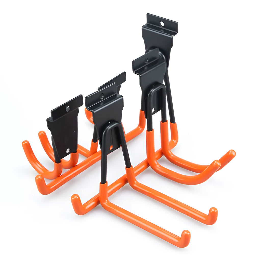 Bright orange carbon steel storage hooks for wire wrap board organisation, shown with mounting screws.