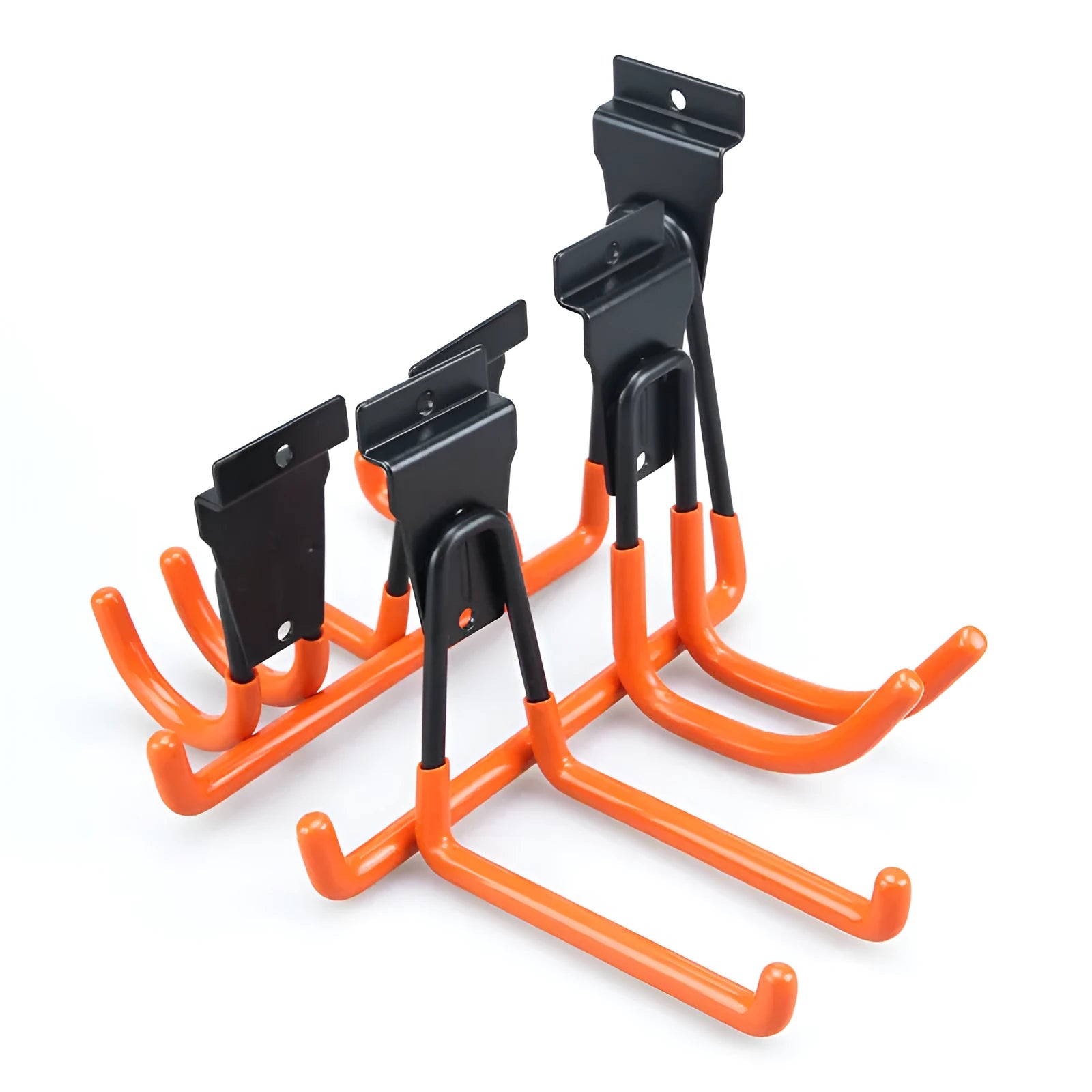 Bright orange carbon steel storage hooks for wire wrap board organisation, shown with mounting screws.