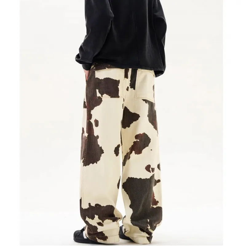 Men's straight-leg trousers with American retro cow pattern in 7698 cow colour showing cardigan button opening