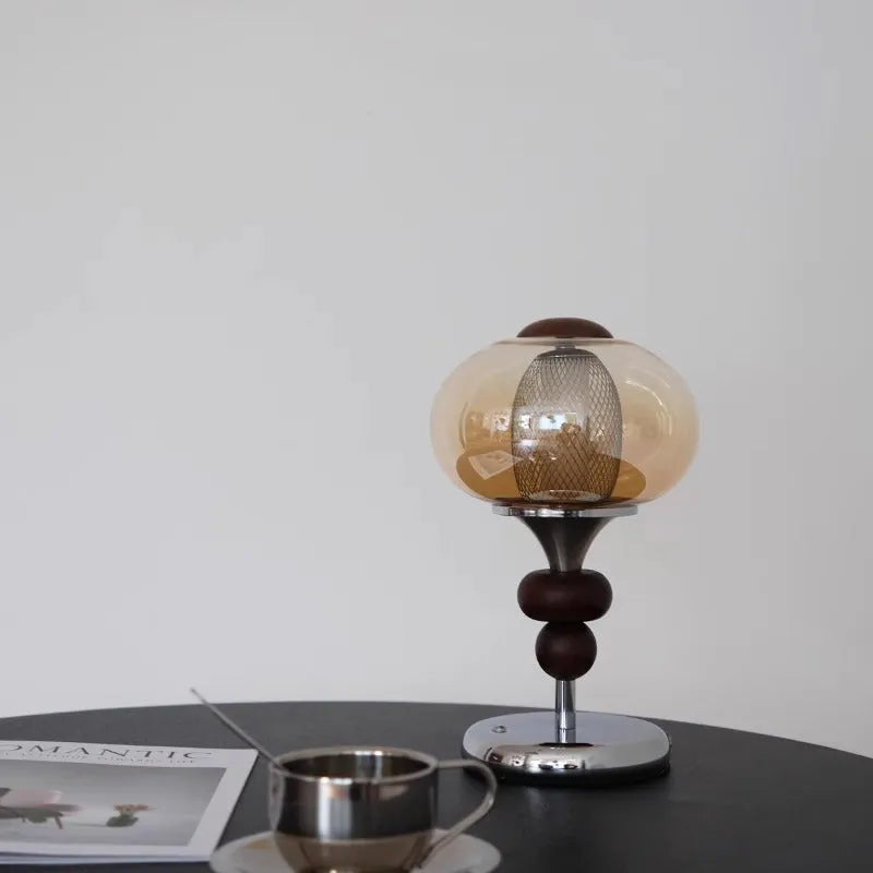 Solid wood retro palace table lamp with USB cable and touch controls on desk.