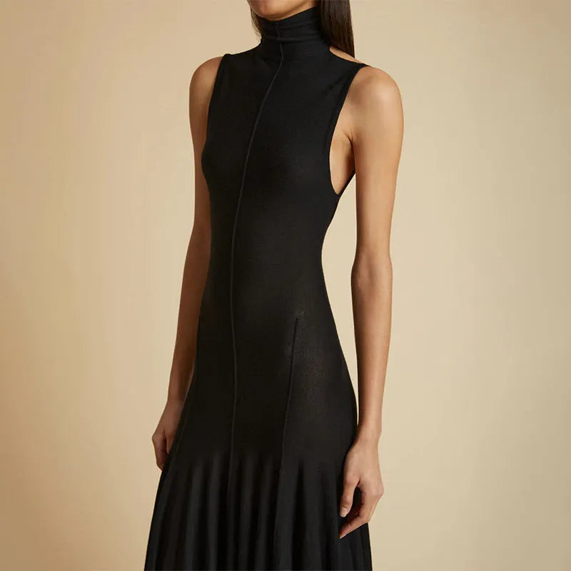 Women's grey cotton backless dress with half turtleneck collar and high waist