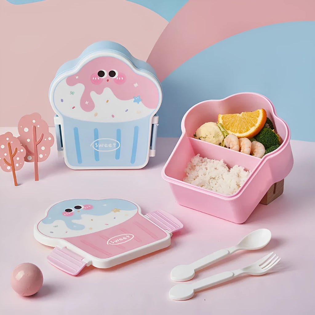 Creative ice cream shaped plastic lunch box with spoon and fork in blue or pink colour options