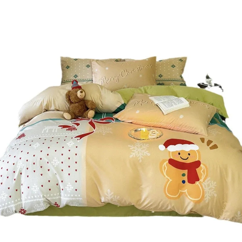 Super soft washed cotton Christmas bedding four-piece set with cartoon prints in multiple sizes