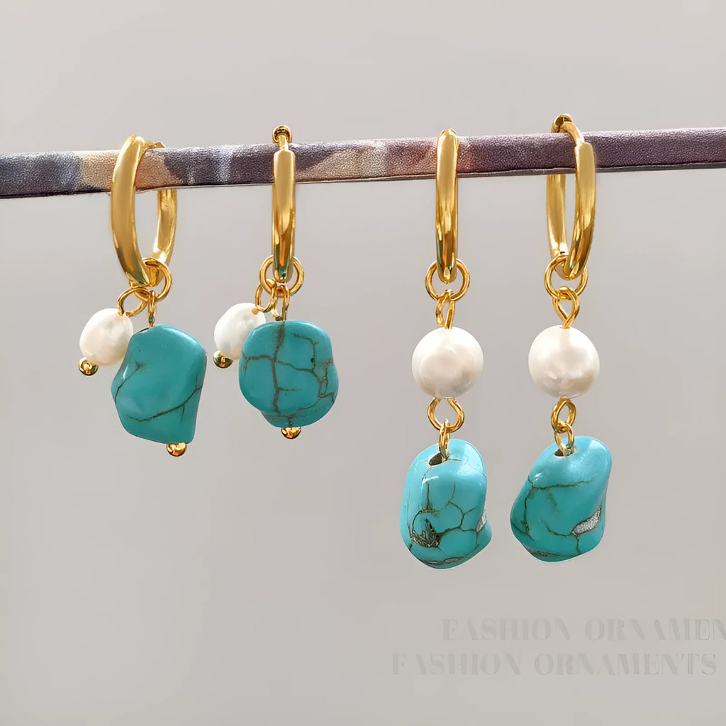 Geometric copper clip earrings with irregular turquoise stones and cultured pearls in European style