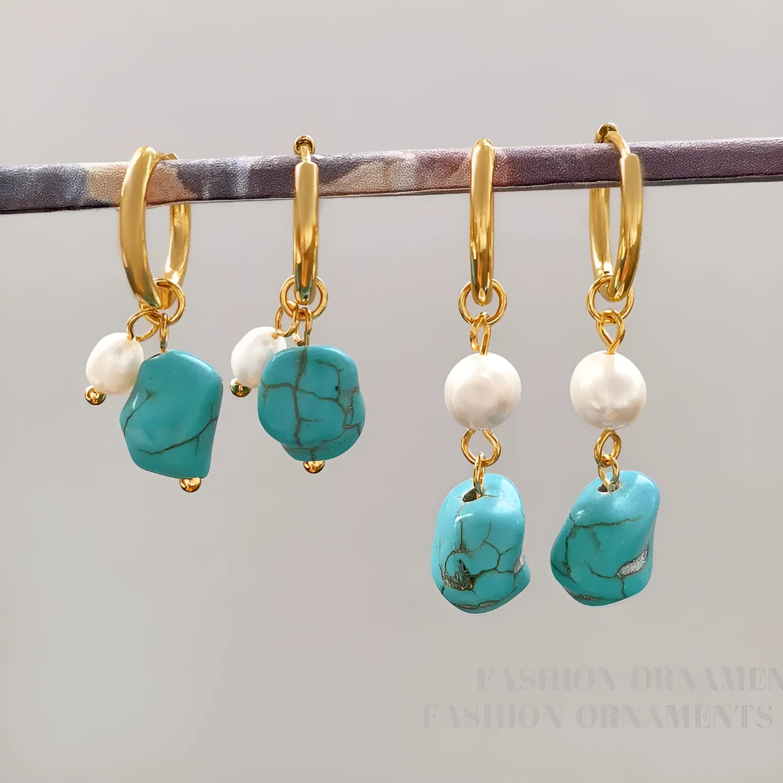 Geometric copper clip earrings with irregular turquoise stones and cultured pearls in European style