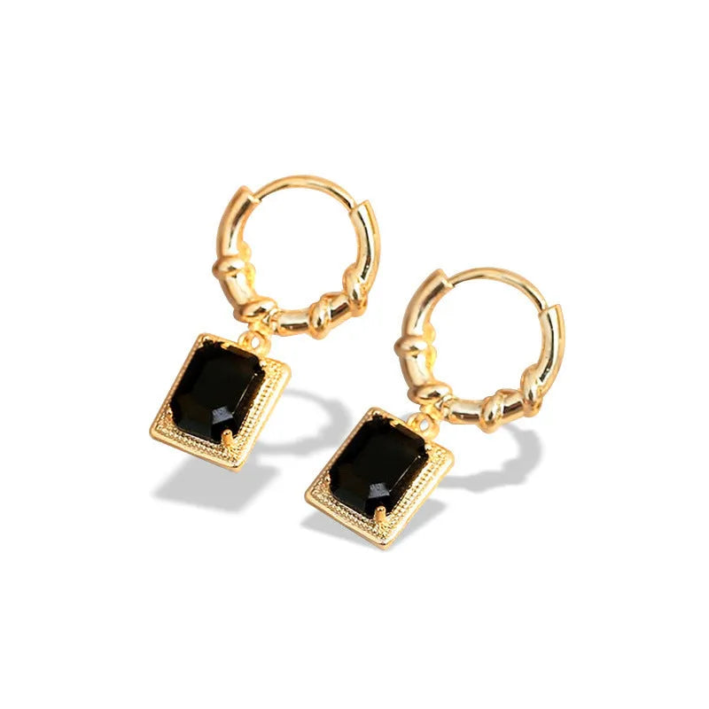 Geometric quadrilateral copper earrings with black zircon crystals in French court retro style