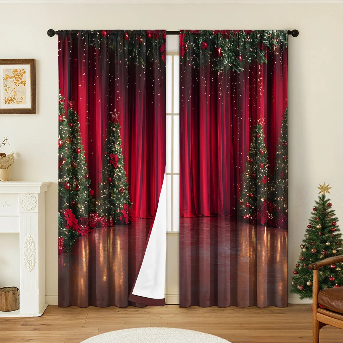 Pair of 3D digitally printed Christmas pattern polyester curtains hanging on a window.
