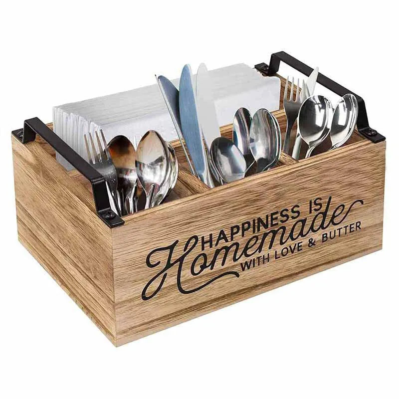 Wooden kitchen storage box with grid dividers for tableware organisation