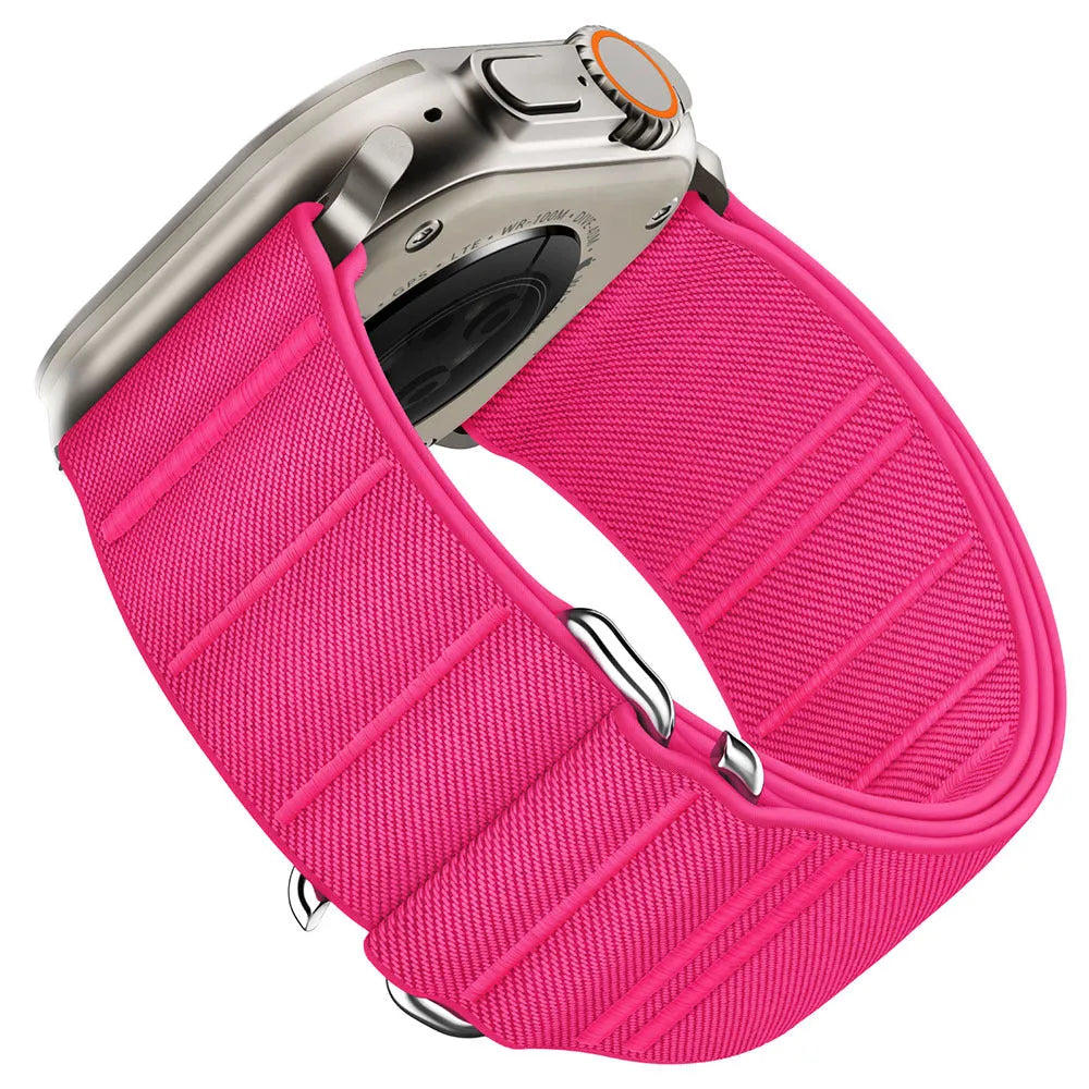 Elastic nylon watchband with stainless steel buckle for Apple Watch in multiple colour options.